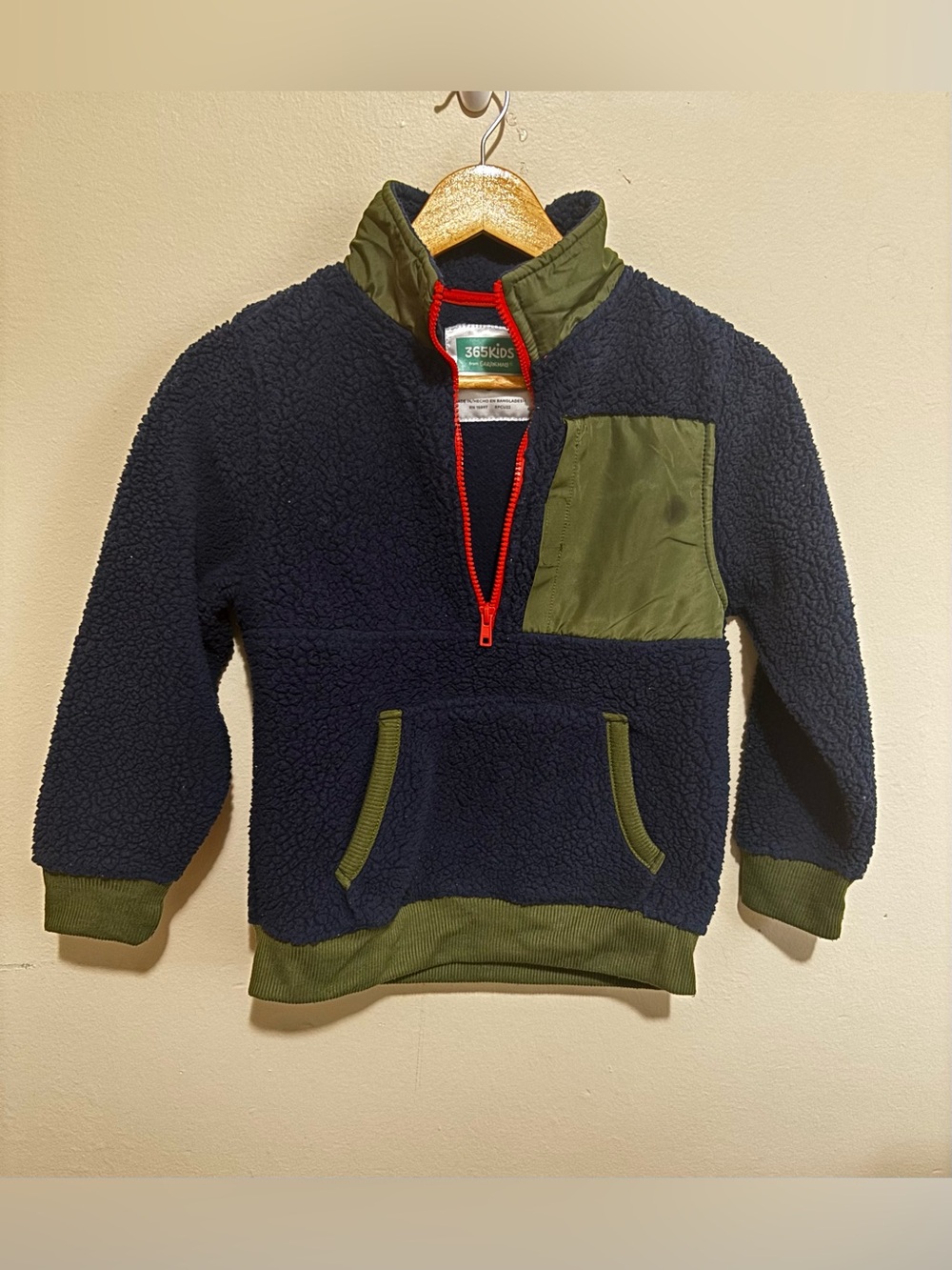 365 Kids Navy Sherpa Fleece Quarter Zip Pullover Jacket Size 8 Green Trim - Picture 5 of 9